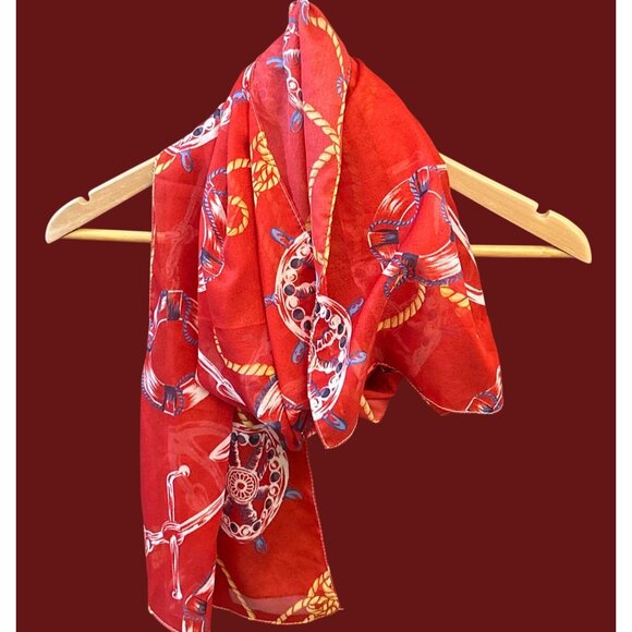 Nautical Themed Red Scarf With Anchors & Ropes Design - Picture 2 of 3